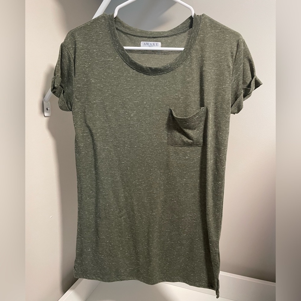 Muted Green Tee with Front Chest Pocket and Cuffed Sleeve Details